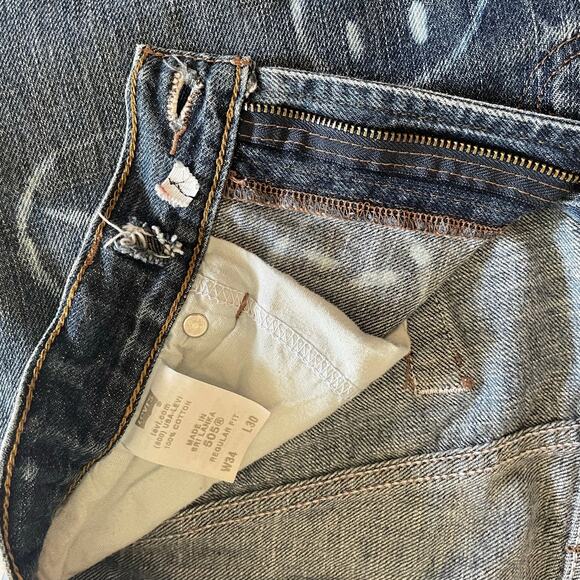 LEVI'S 505 Regular Fit Bleach Smiley Face Denim Jeans Frayed Hem Size 34/30 - Picture 8 of 16